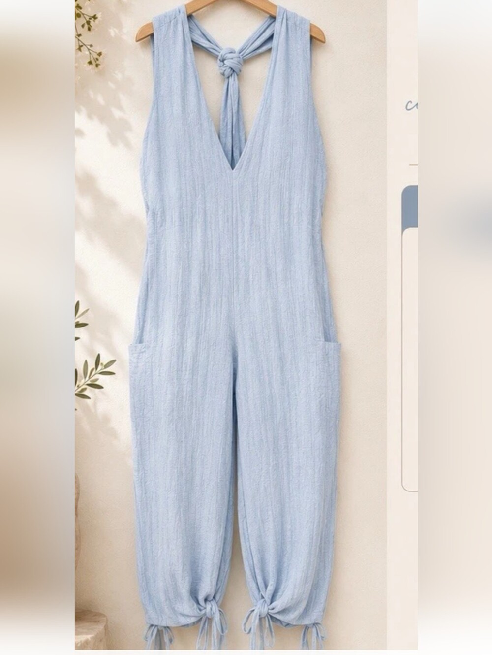 HYFVE Light Blue V-Neck Cotton Gauze Jumpsuit with Tie Ankles Sz L Oversized Fit - Picture 3 of 13
